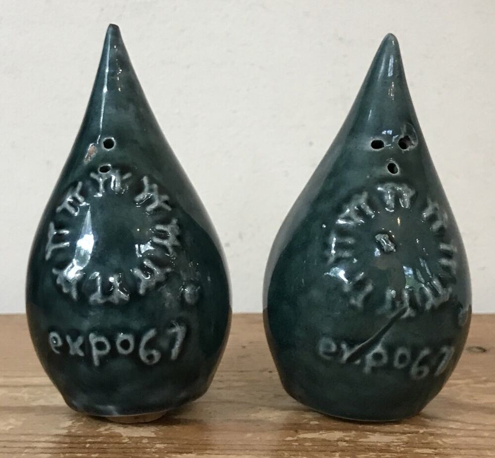 Pair 2 Vtg Expo 67 Montreal MCM Rain Drop Handmade Ceramic Salt Pepper Shakers